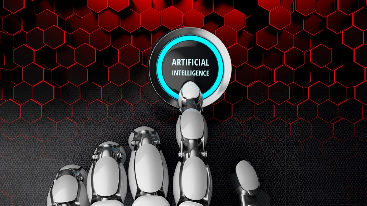robot hand pushing AI Button