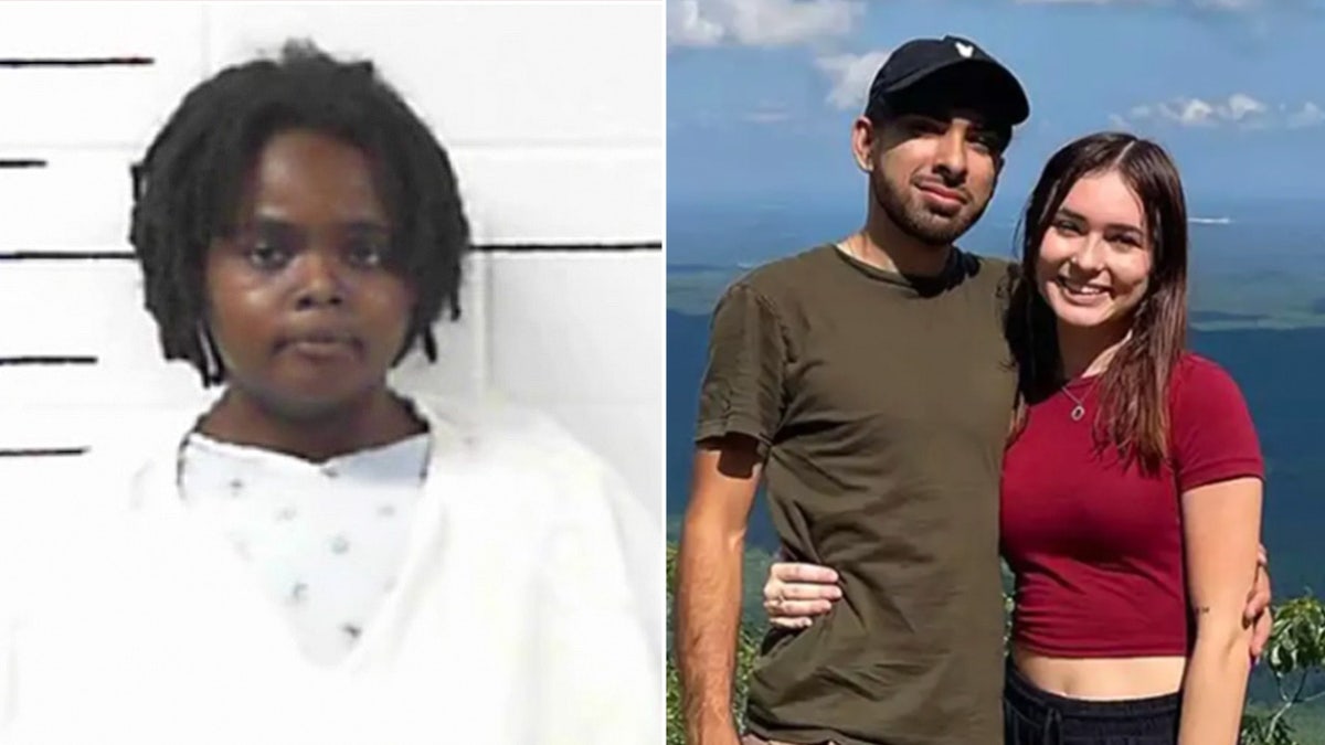 Booking photo of woman wearing white next Simjee and Paulus posing outside.