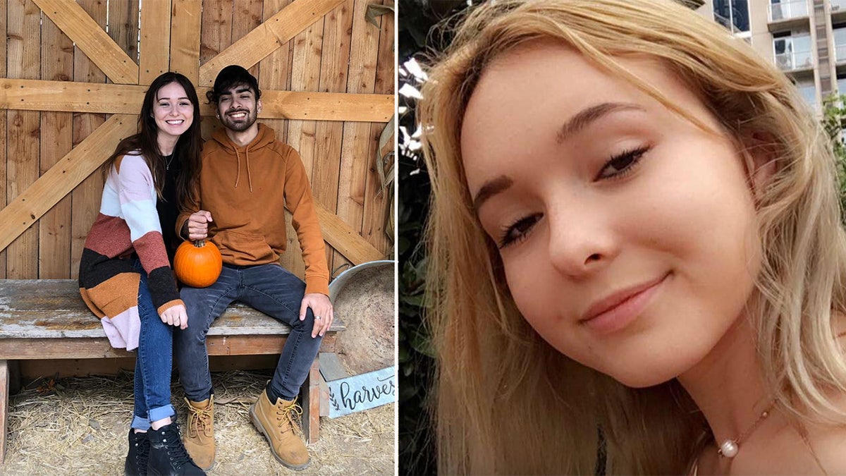 Split of couple posing with a pumpkin