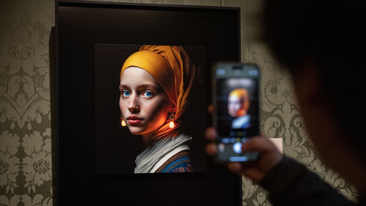 An AI generated portrait is photographed by someone's phone