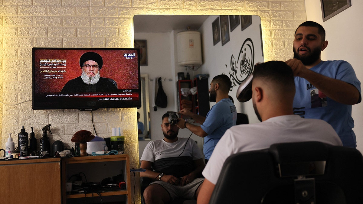 Hezbollah chief Hassan Nasrallah speech is seen in Beirut
