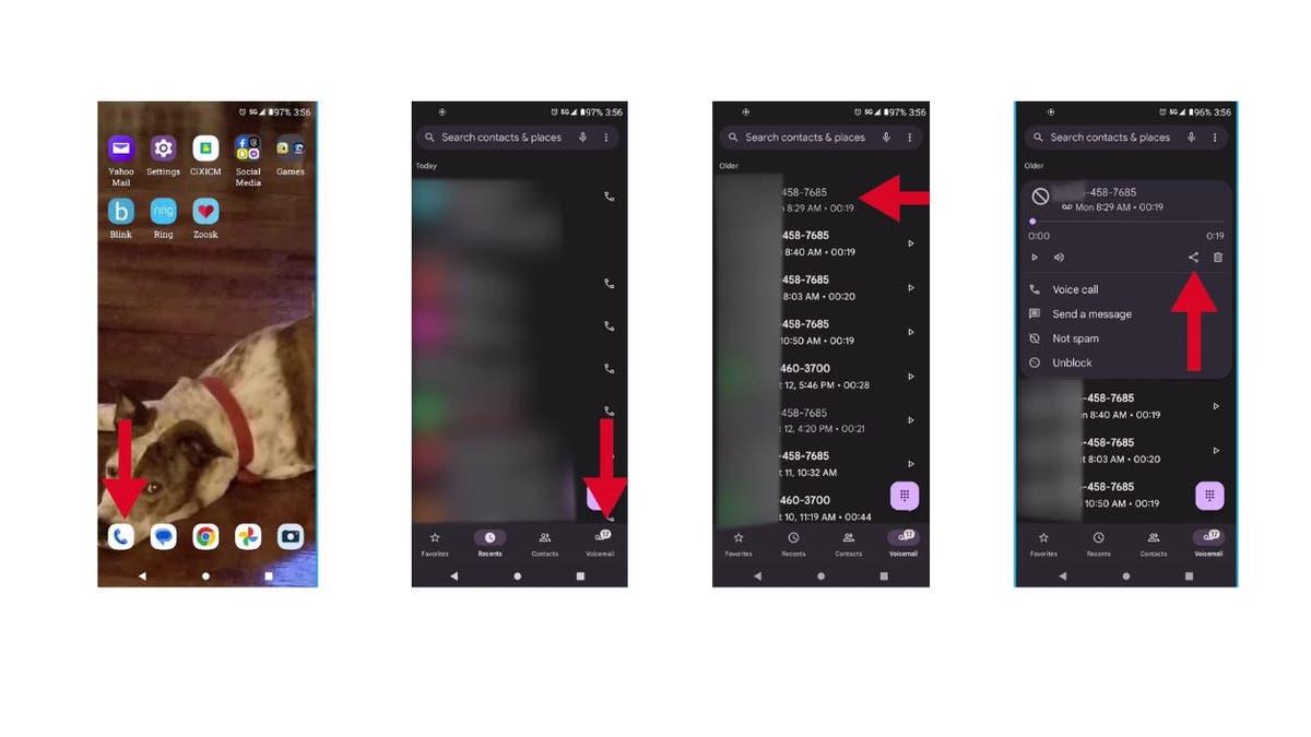 Images of Android phone app and voicemail, steps to forward a voicemail