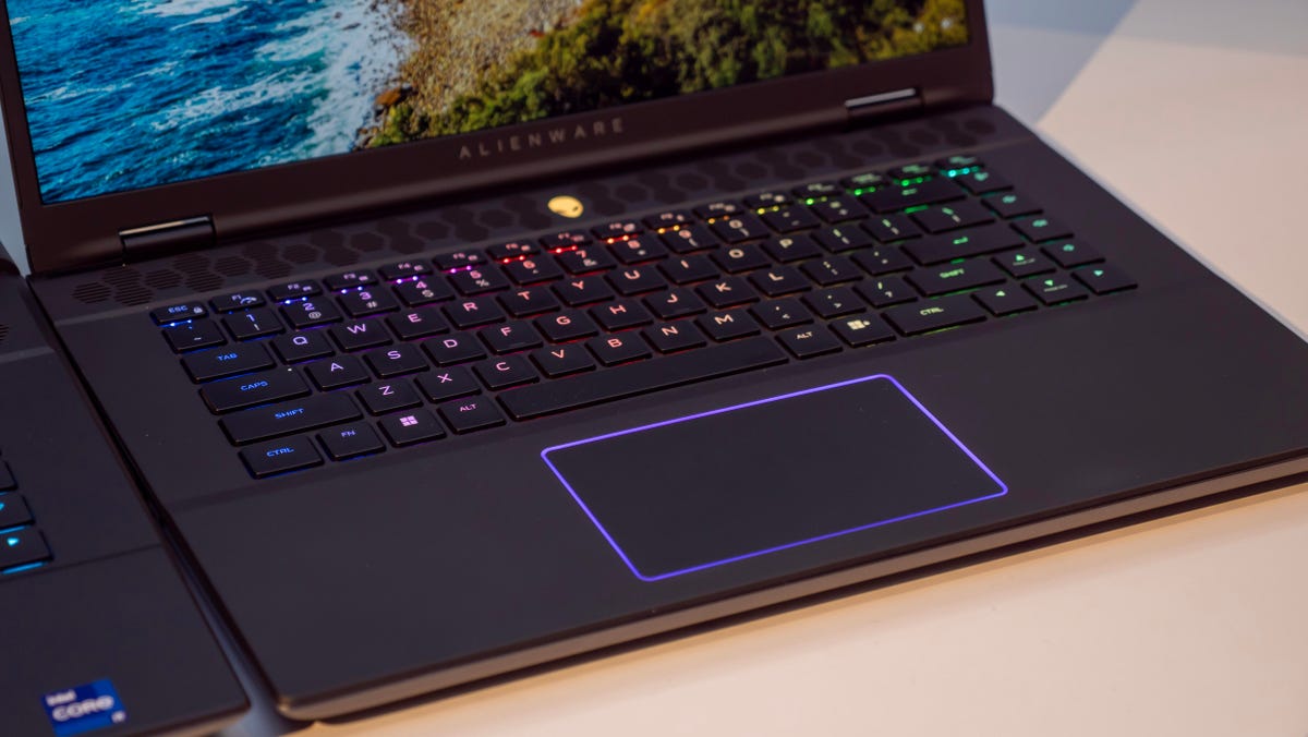 The keyboard and touchpad of the Alienware m16 R2.