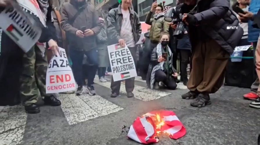 Pro-Palestinian protesters set fire to American flag