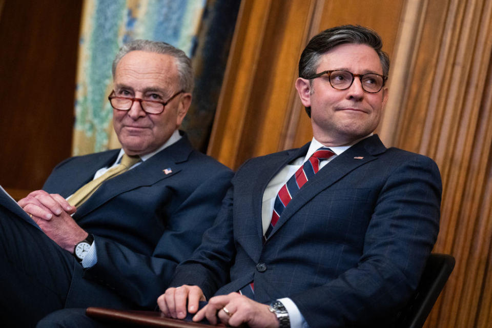 Senate Majority Leader Charles Schumer and Speaker of the House Mike Johnson at the U.S. Capitol on Dec. 12, 2023.  / Credit: Tom Williams/CQ-Roll Call, Inc via Getty Images