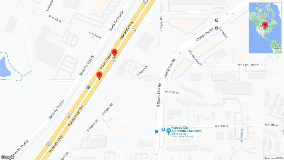 A detailed map that shows the affected road due to 'Broken down vehicle on eastbound I-35 in Olathe' on January 7th at 1:11 p.m.