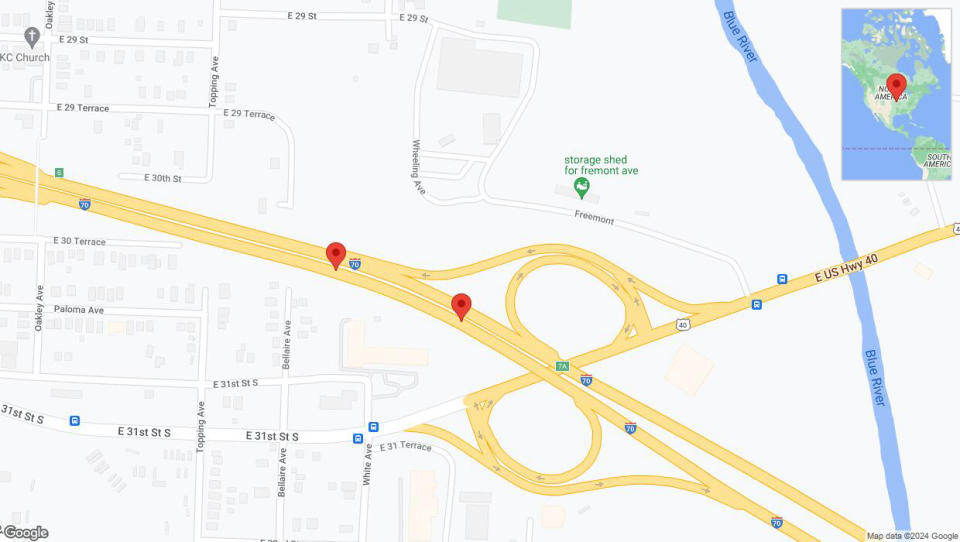 A detailed map that shows the affected road due to 'Warning: Crash on eastbound I-70 in Kansas City' on January 7th at 8:53 p.m.