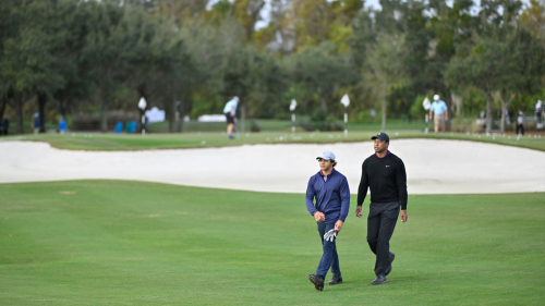 ORLANDO, FLORIDA - DECEMBER 15: Tiger Woods and his son, Charlie Woods, practice together prior to PNC Championship at Ritz-Carlton Golf Club on December 15, 2023 in Orlando, Florida. (Photo by Ben Jared/PGA TOUR via Getty Images)
