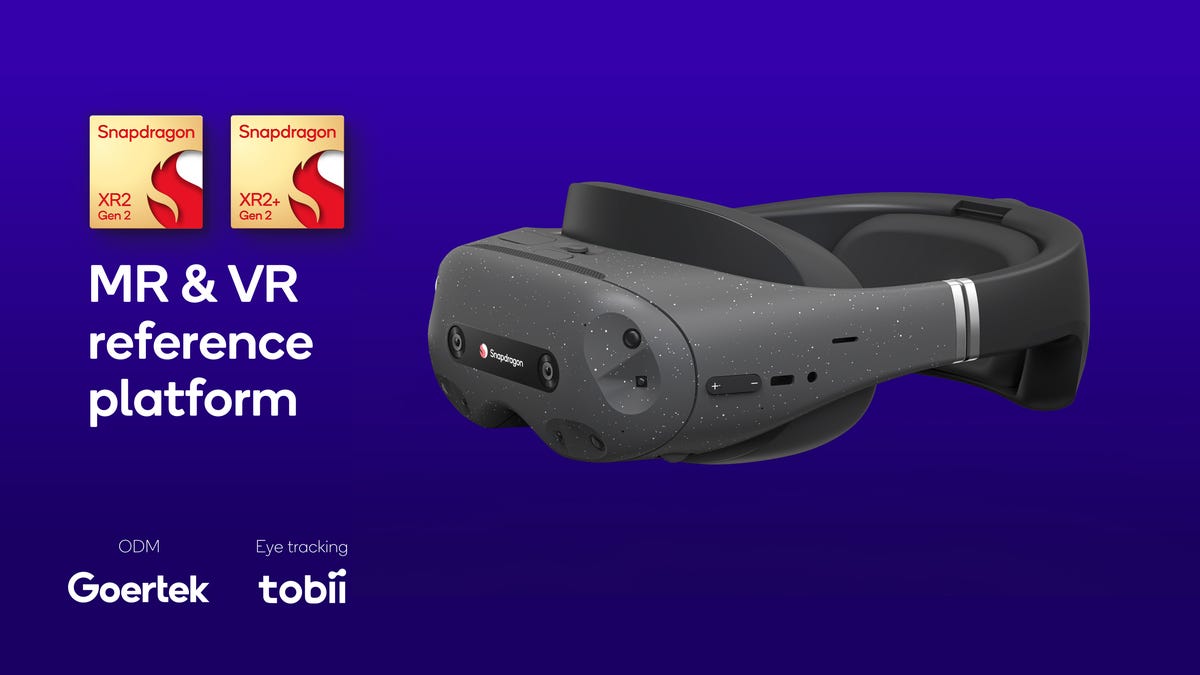 A VR headset with cameras, next to chip logos from Qualcomm