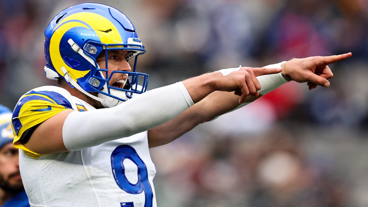 Matthew Stafford of the Los Angeles Rams finger pointing with both hands outstretched.