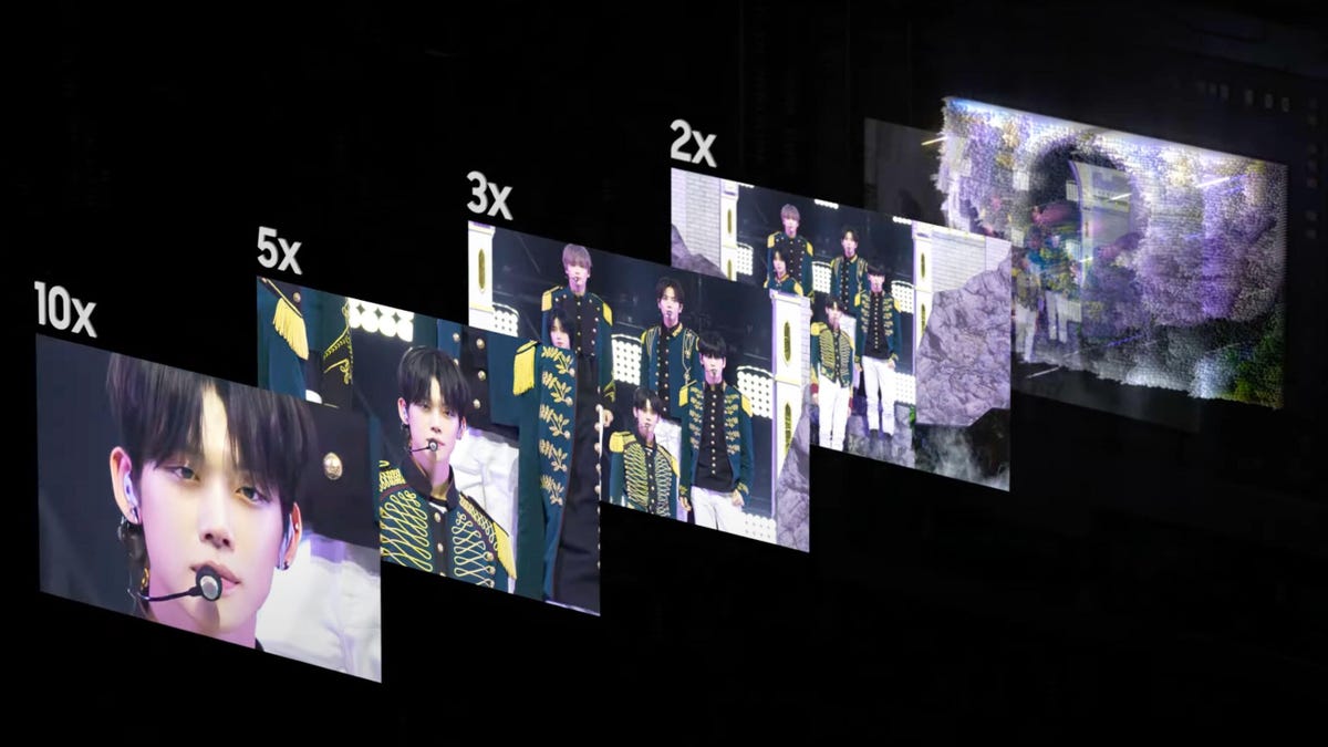 Samsung shows a series of increasingly magnified photos to tout 1x, 2x, 3x, 5x, and 10x zoom levels of its Galaxy S23 Ultra phones.