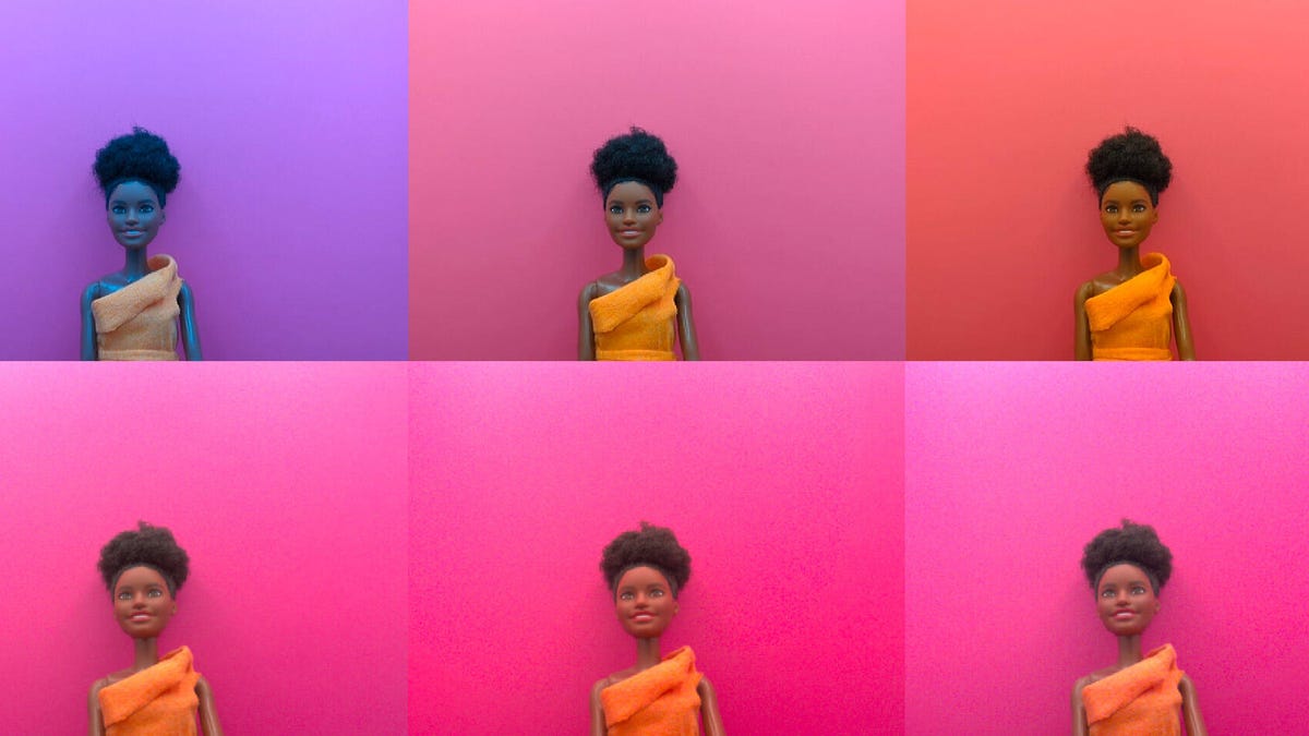 A comparison of color problems photographing a doll with darker skin under different lighting conditions. Three test images on the top show varying and incorrect color; three test images below with Spectricity camera data handle the color problems.