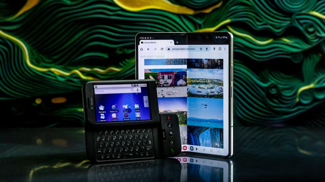 The first Android phone, the HTC G1 alongside Samsung's Galaxy Z Fold 5