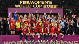 SYDNEY, AUSTRALIA - AUGUST 20: Ivana Andres of Spain and teammates celebrate with the FIFA Women's World Cup Trophy following victory in the FIFA Women's World Cup Australia & New Zealand 2023 Final match between Spain and England at Stadium Australia on August 20, 2023 in Sydney / Gadigal, Australia. (Photo by Catherine Ivill/Getty Images)