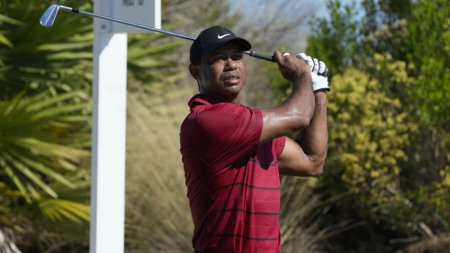 Tiger Woods, of the United States, tees off on the second hole during the final round of the Hero World Challenge PGA Tour at the Albany Golf Club, in New Providence, Bahamas, Sunday, Dec. 3, 2023. (AP Photo/Fernando Llano)