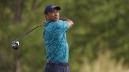 NASSAU, BAHAMAS - DECEMBER 01:  Tiger Woods of the United States plays his shot from the 13th tee during the second round of the Hero World Challenge at Albany Golf Course on December 01, 2023 in Nassau, Bahamas. (Photo by Mike Ehrmann/Getty Images)