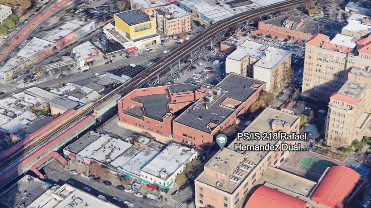 Overview of buildings and subsway station in New York on Google Earth