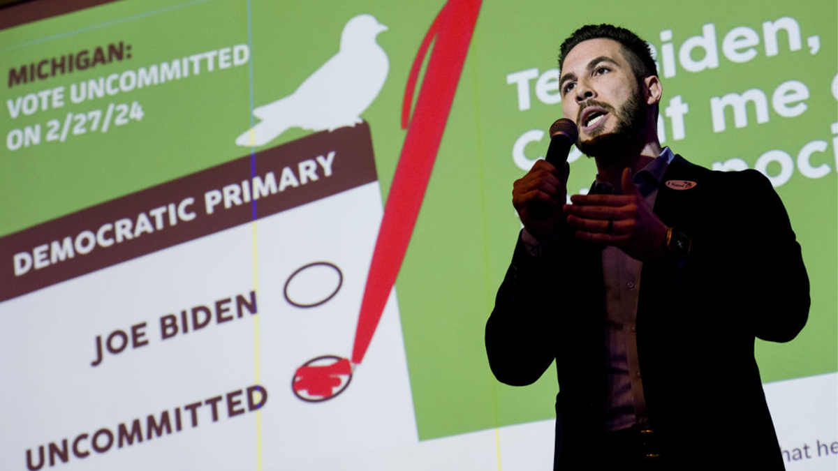 Dearborn Mayor Abdullah Hammoud speaking into microphone