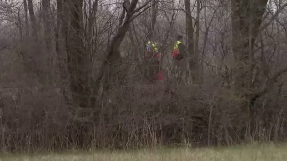 Investigators in the woods near where the plane went down