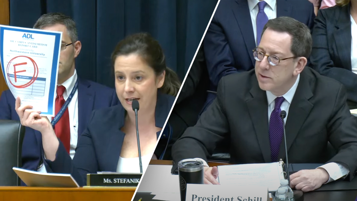Elise Stefanik holding up paper with "F" grade, left; right: Northwestern President Schill