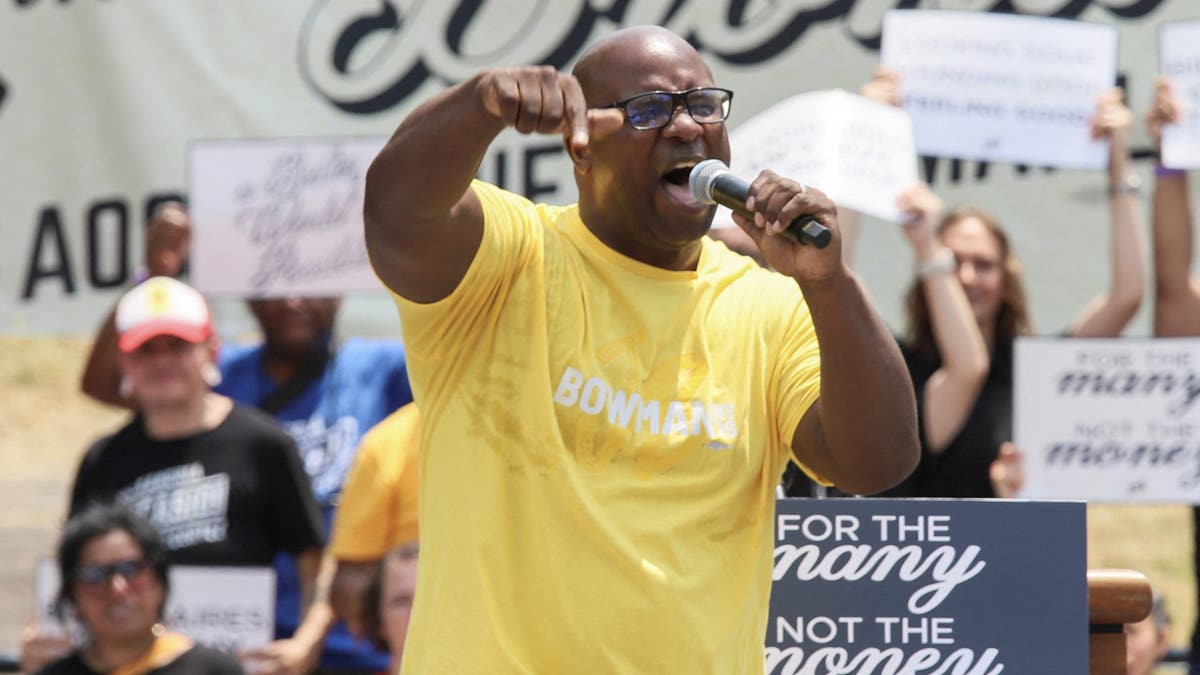U.S. Representative Jamaal Bowman (D-NY) speaks to the crowd while he campaigns in the Bronx borough of New York City, on June 22, 2024. REUTERS/Joy Malone