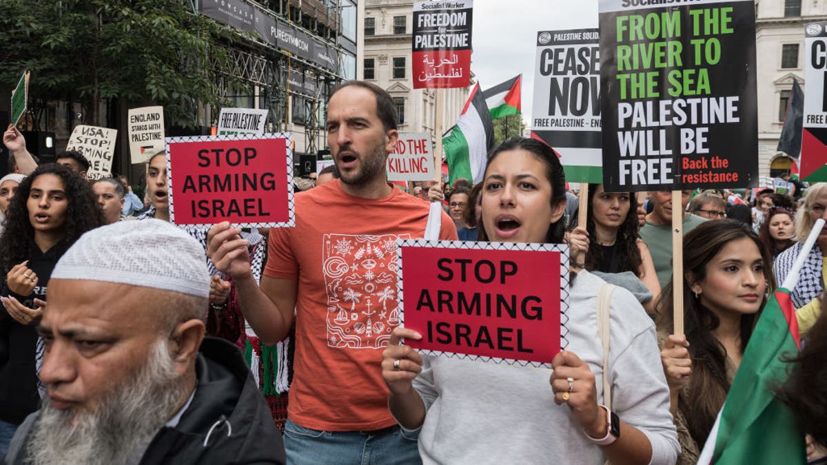 Anti-Israel protesters gather in central London for a march to the Israeli Embassy in London, United Kingdom on September 7, 2024. 