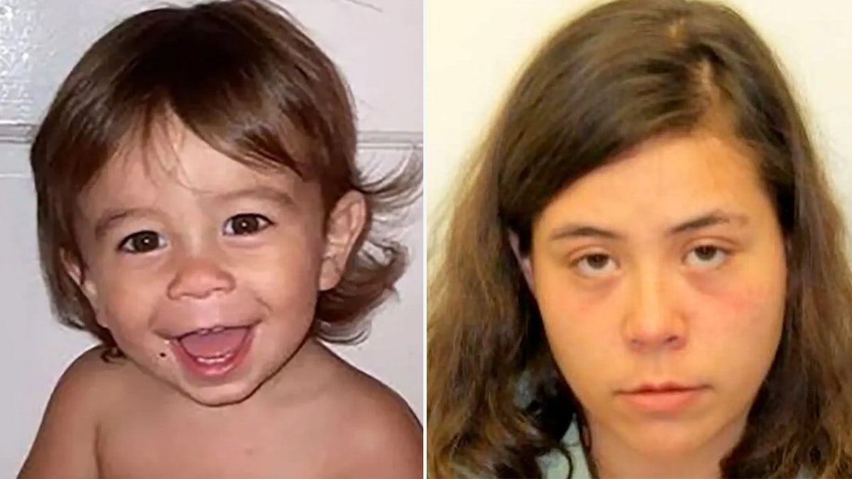 Leilani Simon in a booking photo next to her smiling toddler.