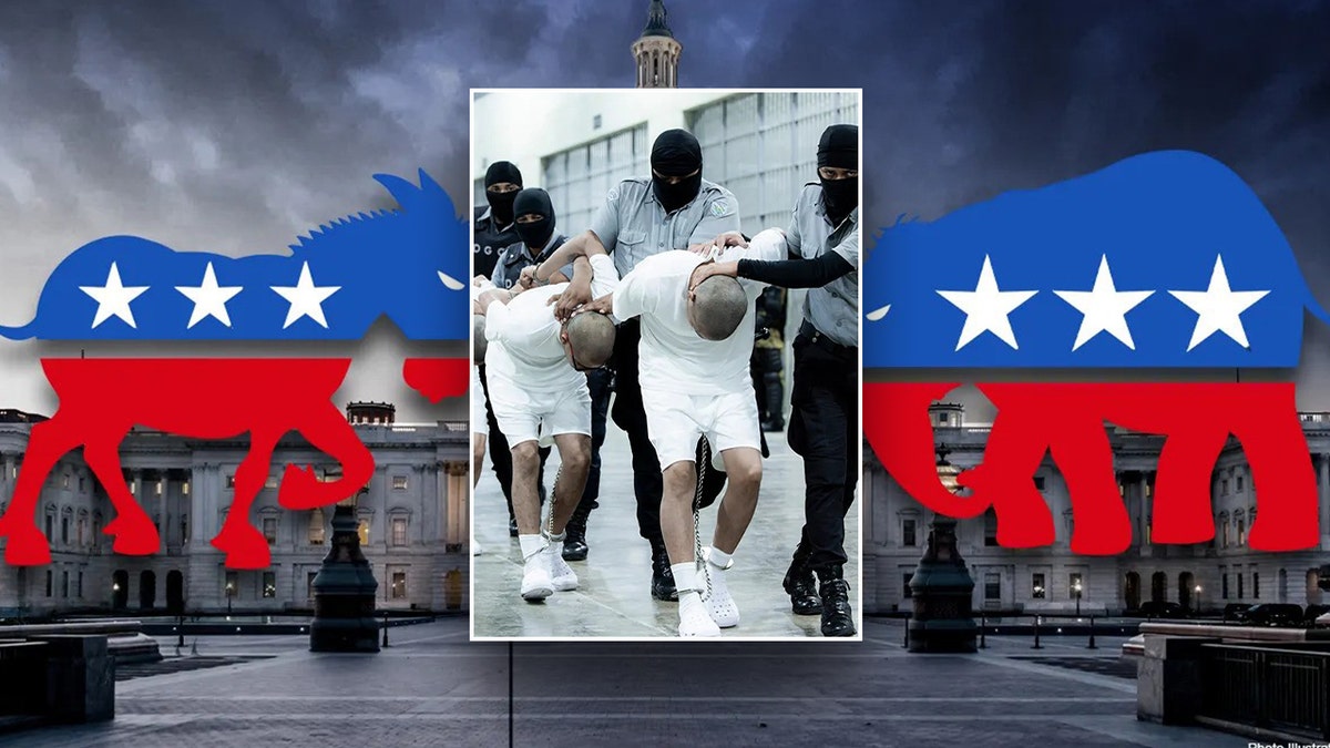 photo illustration: dem donkey, gop elephant symbols with inset photo El Salvador inmates