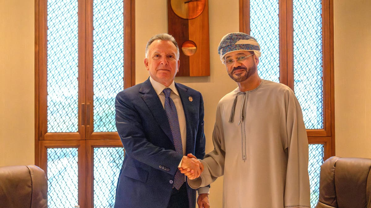 U.S. Special Envoy to the Middle East Steve Witkoff, left, shakes hands with Omani Foreign Minister Sayyid Badr Albusaidi in Muscat, Oman, April 12, 2025.