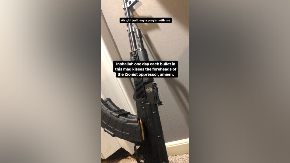 Assault rifle with a social media caption expressing violent intent toward "Zionist oppressors."