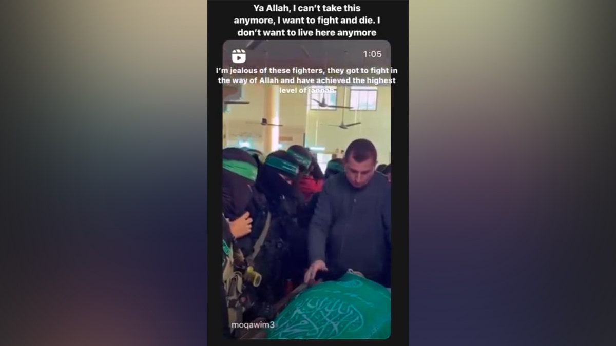 Funeral procession for Hamas fighters with social media caption expressing desire for martyrdom.