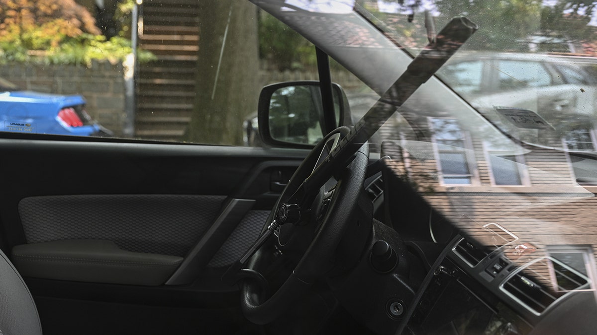 A steering wheel lock of a car in Washington DC