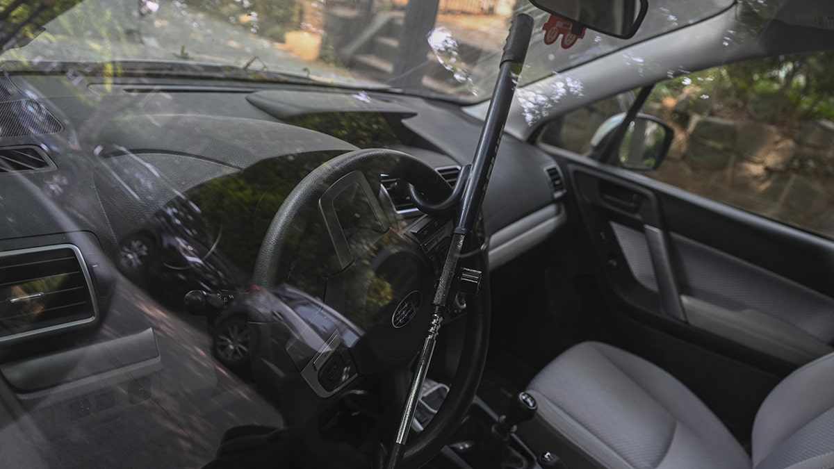 A steering wheel lock of a car in Washington DC