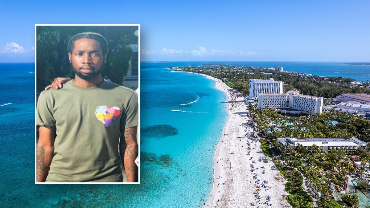 A photo of Dinari McAlmont over a photo of Paradise Island in Nassau, Bahamas