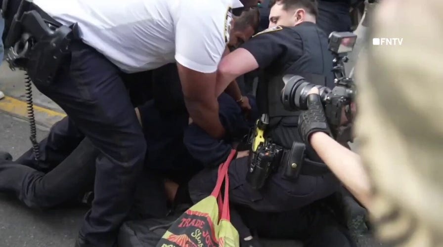 Anti-Israel agitators brawl with police near Brooklyn College in NYC
