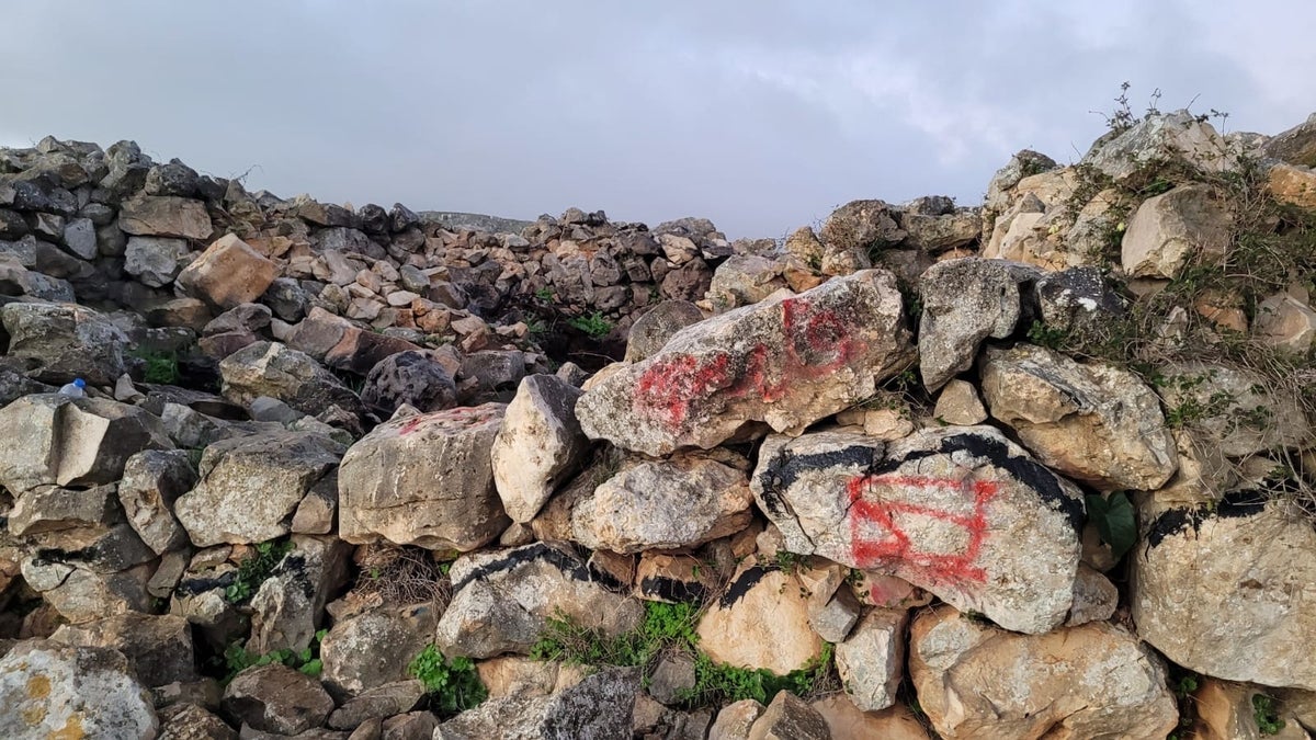 Following the destruction and severe damage by Palestinian rioters at the 'Joshua Altar' archeological site located on the spur of Mt. Ebal, dozens of Jewish worshipers arrived for morning prayers at the site.