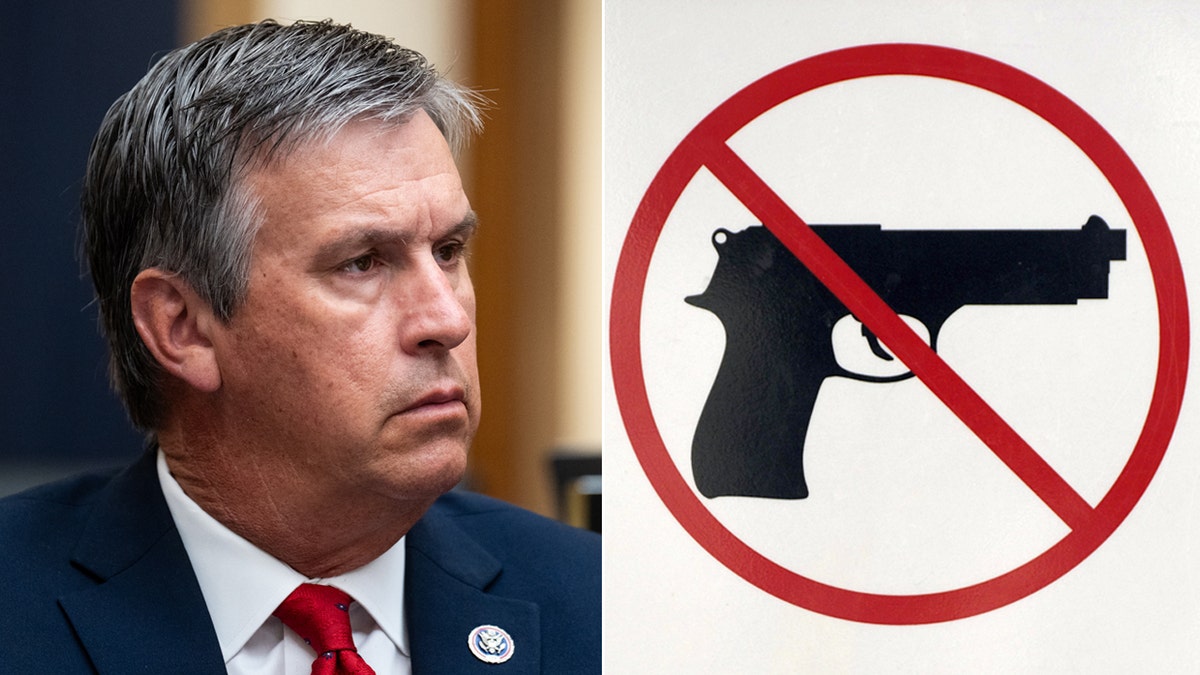 Left: Rep. Barry Moore; Right: Graphic featuring a gun prohibition sign