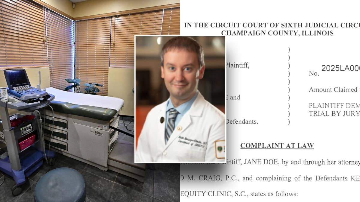 accused doctor, inset; clinic room, left; court filing, right