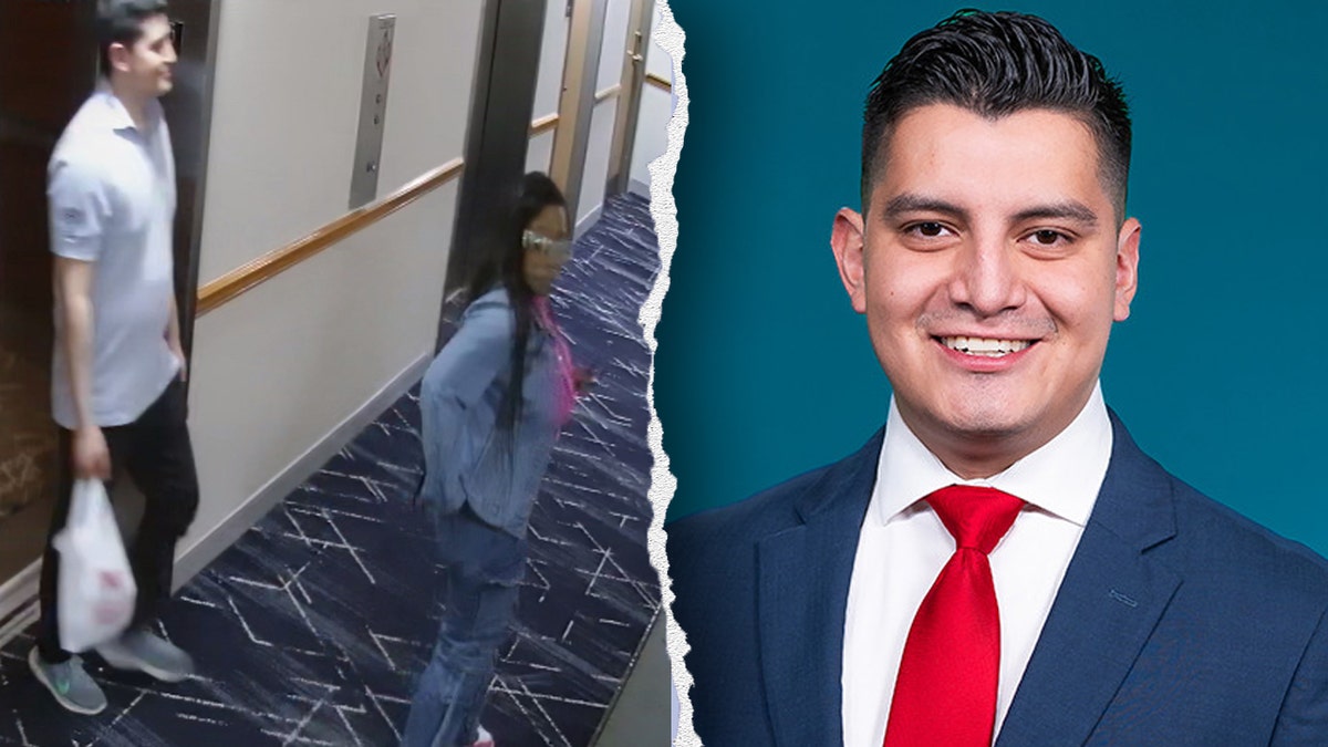 A split image of hotel security camera footage showing Adan Manzano and Danette Colbert next to Manzano's headshot