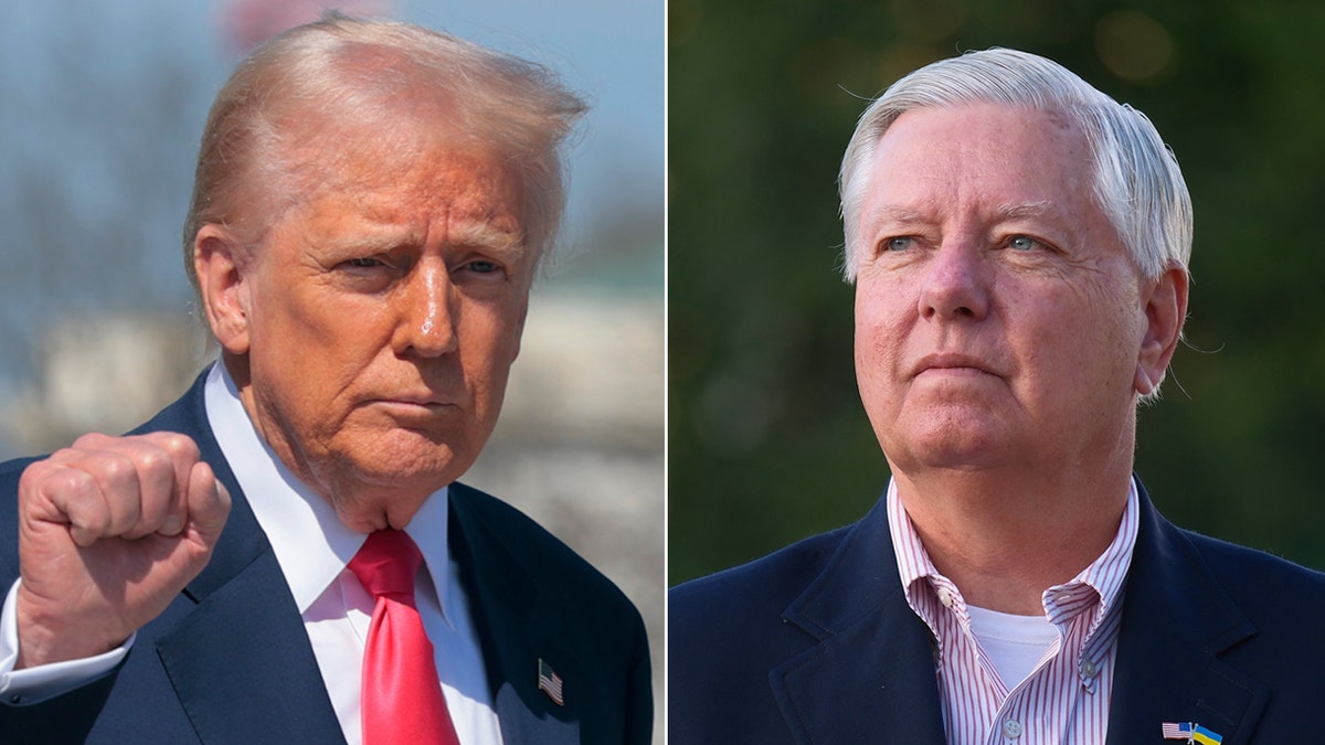 Left: President Donald Trump raises his fist; Right: Sen. Lindsey Graham