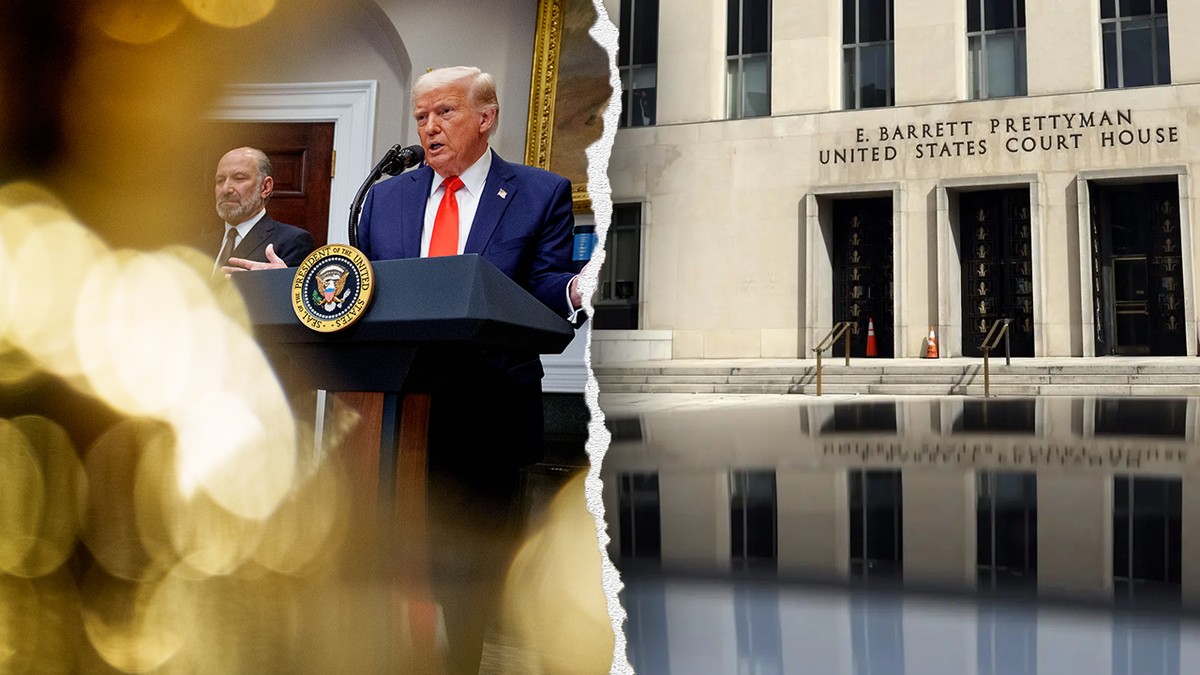 President Donald Trump is seen speaking to reporters, next to a photo of the U.S. District Court in Washington, D.C. (Photos by Getty Images/Reuters)