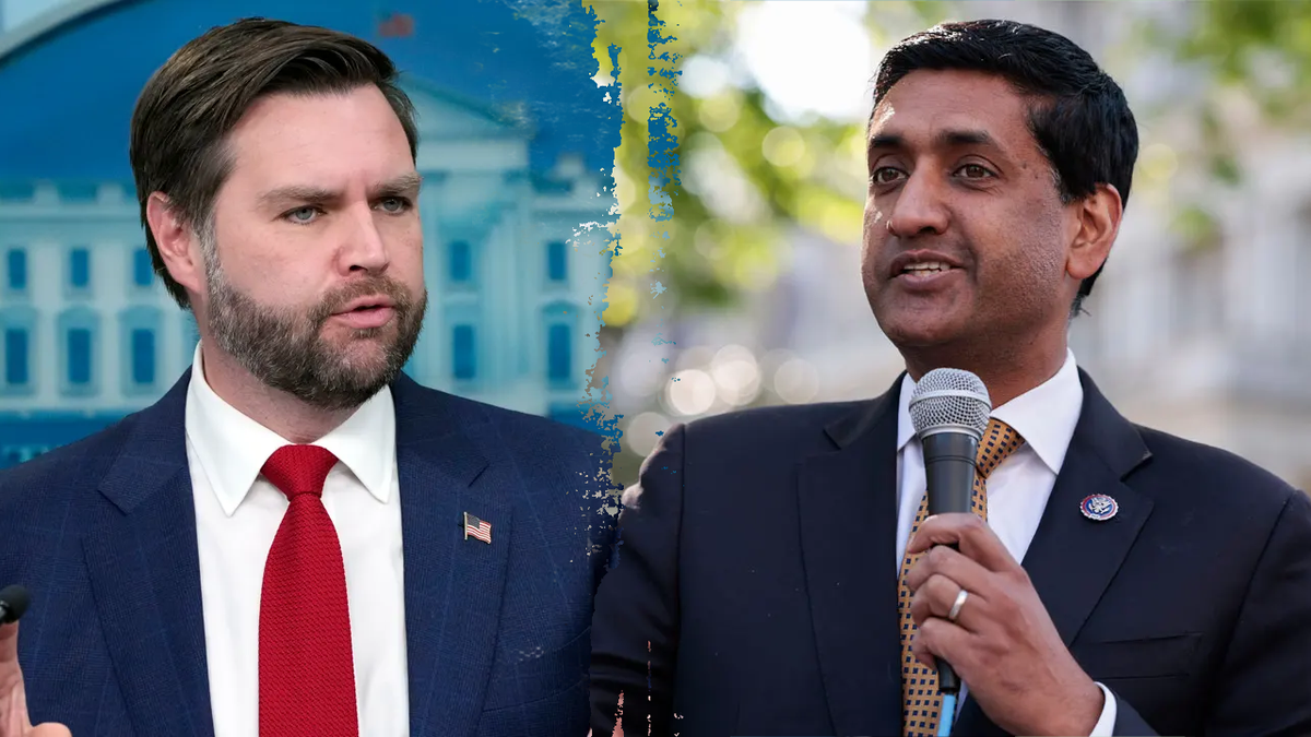 Rep. Ro Khanna, D-Calif., right, contrasted his vision for America's "new economic patriotism" against the future of the Republican Party with Vice President JD Vance at the helm.