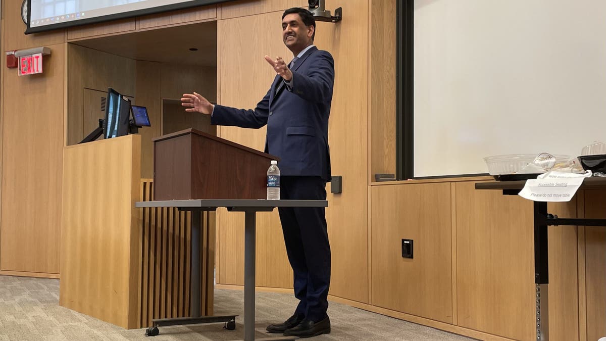 Democratic Rep. Ro Khanna criticizes Vice President JD Vance during a speech at Yale Law School, on April 15, 2025 in New Haven, Connecticut.