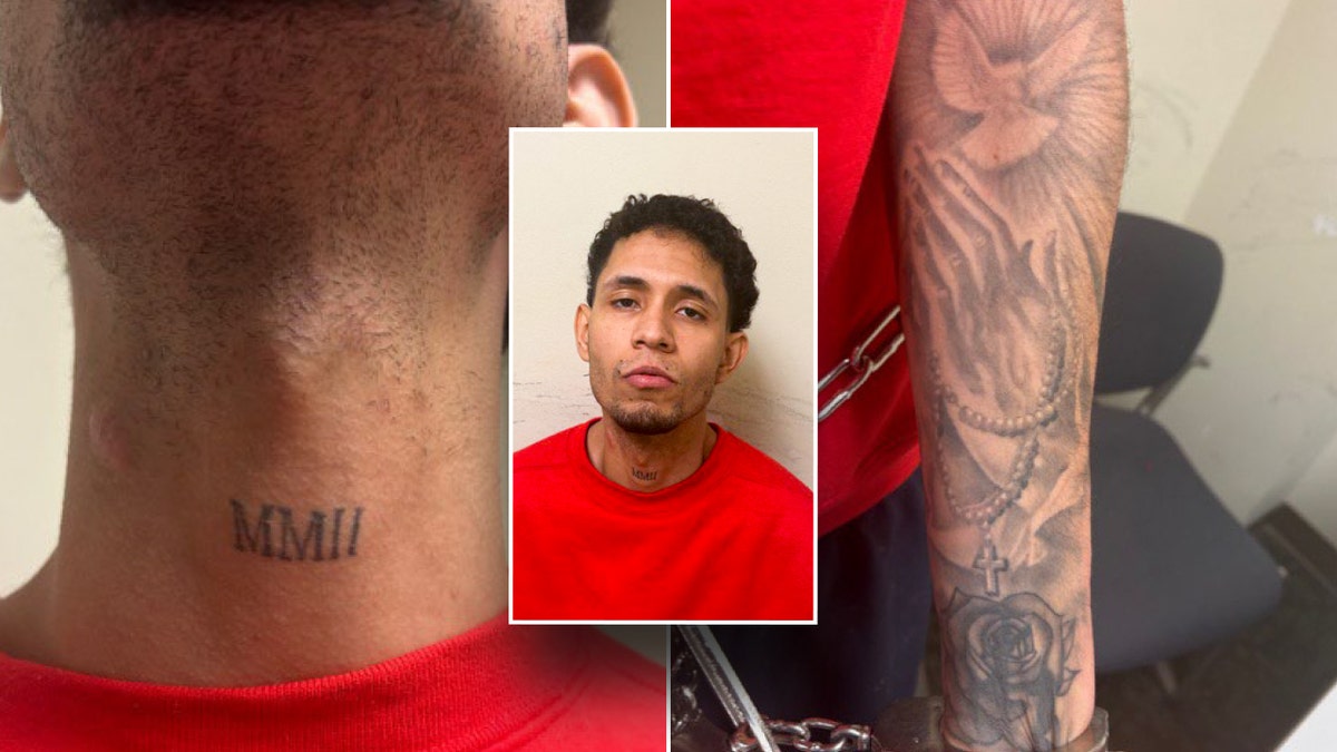 mugshot of man and his tattoos on his arm and neck