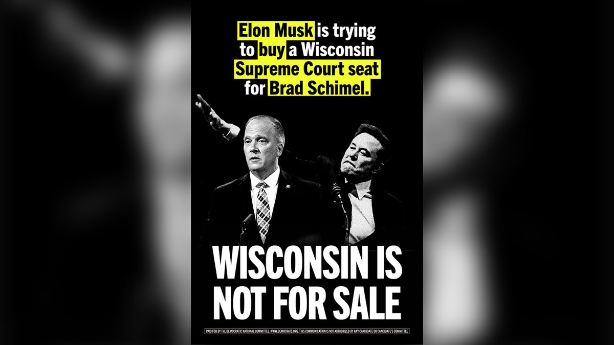 DNC graphic shows Elon Musk and Brad Schimel and states, "Elon Musk is trying to buy a Wisconsin Supreme Court seat for Brad Schimel." 