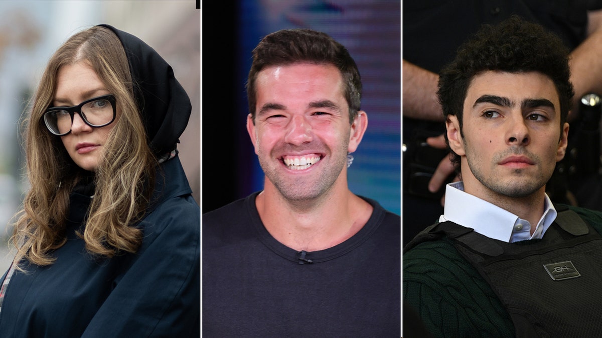 A split image of Anna Delvey Sorokin, Billy McFarland and Luigi Mangione