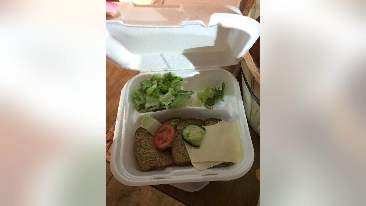 A strewn-together sandwich consisting of floppy bread, slices of cheese, a cucumber slice, tomato slice and some lettuce in a Styrofoam box at Fyre Festival in 2017
