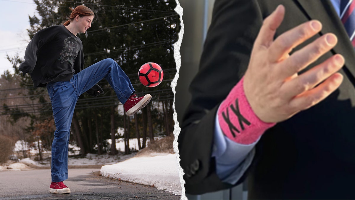 Transgender athlete Parker Tirrell playing with a soccer ball, left Institute for Free Speech senior attorney Del Kolde pictured with a wristband on, right. 