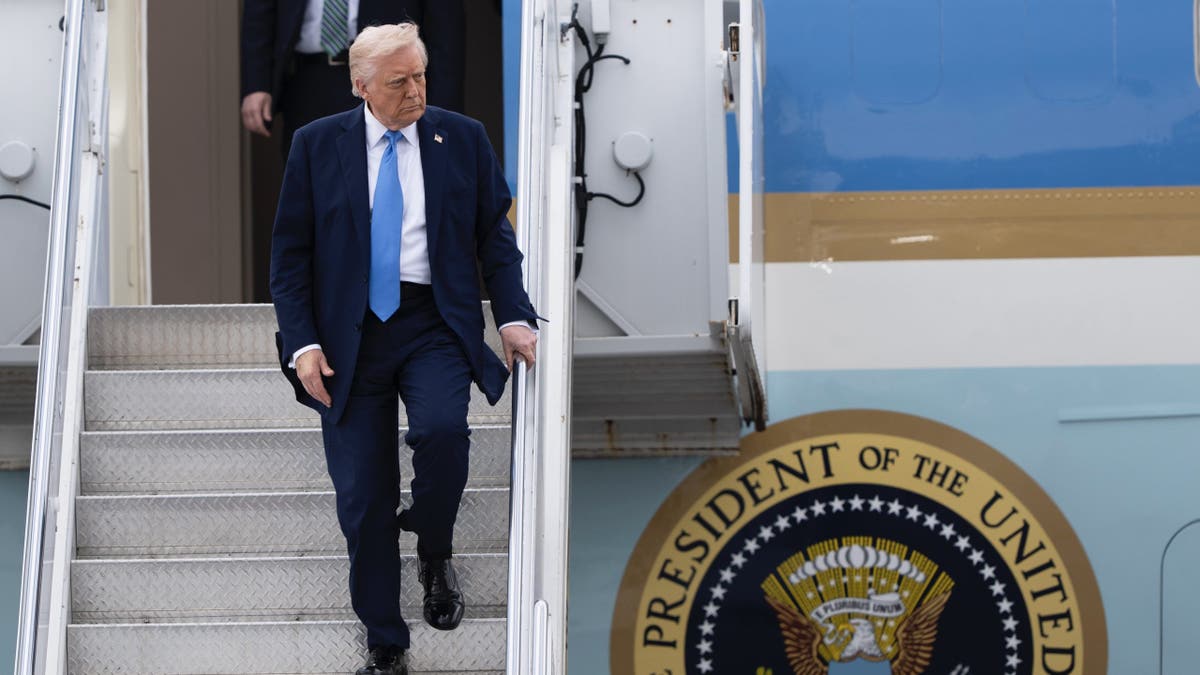President Donald Trump arrives on Air Force One at Palm Beach International Airport on Friday, March 28, 2025 in West Palm Beach, Florida.