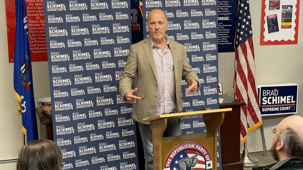 Judge Brad Schimel, the conservative-leaning candidate in Wisconsin's Supreme Court election, speaks to Republican activists at a GOP county office, in Bellevue, Wisconsin, on March 31, 2025.